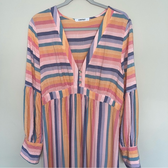 Self Contrast Sophia Maxi Dress L Bright Pastel Stripes with Metallic Thread NEW - Picture 4 of 12